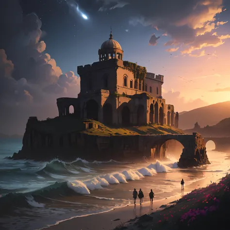 ”Beside a pumice isle in Baiaes bay,
And saw in sleep old palaces and towers
Quivering within the waves intenser day,
All overgrown with azure moss and flowers”
Ode to the West Wind. ruins, stary night, milky way, (cinematic, 8K, masterpiece, glorious back...
