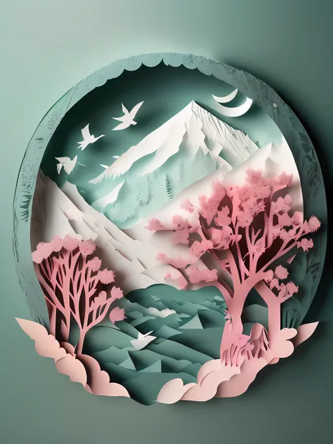 chinese landscape illustration，three-dimensional paper cutting，paper carving，minimalistic composition，pink cherry blossom tree，g...