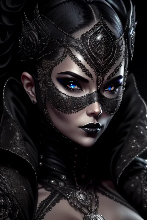 "dark, mysterious femme fatale adorned in a gothic black and silver mask exquisitely embellished with intricate designs."