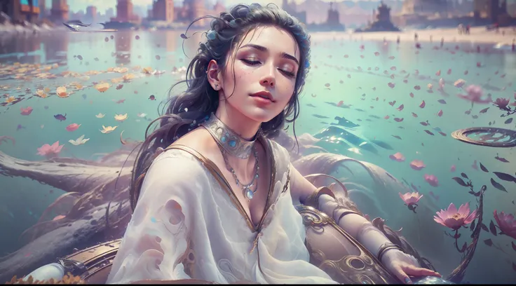 Sleep on your stomach on the water,Look at the audience with your eyes closed,raised head,Floating on the ground,cheerfulness,A slight smil,realisticlying,Bokeh,light particules,very highly detailed background,detailed face with,Detailed and complex busy b...