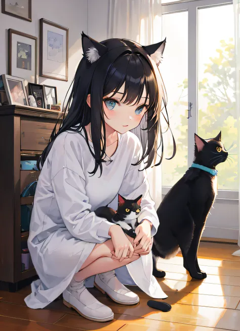 anime girl sitting on the floor in front of window with black cat, anime girl with cat ears, beautiful anime catgirl, cute anime...