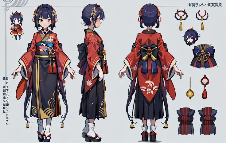 1人, reference sheet, (fantasy character design, front, back, side) girl, kimono, japanese goddess, royal kimono