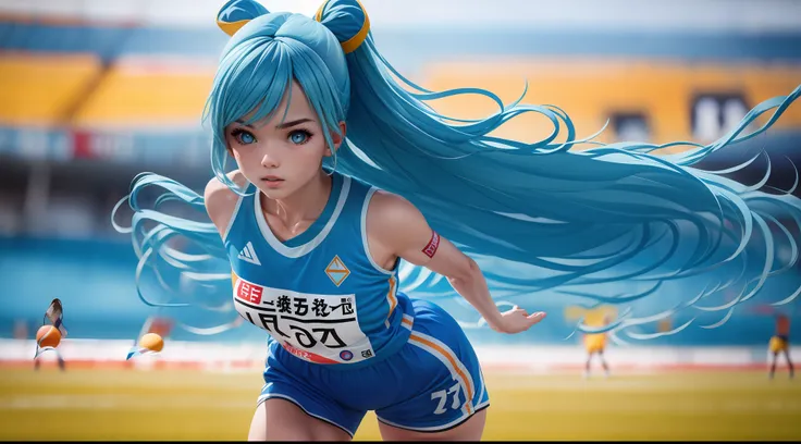 blue-haired beauty，wear sportswear