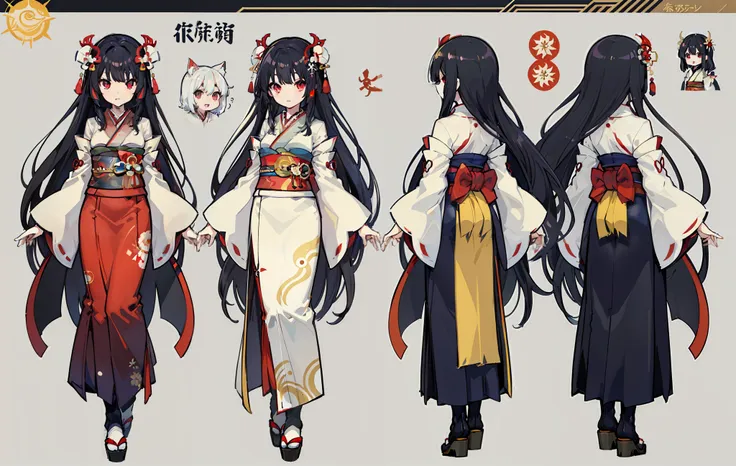 1人, reference sheet, (fantasy character design, front, back, side) girl, kimono, japanese goddess, amaterasu, long black hair, s...