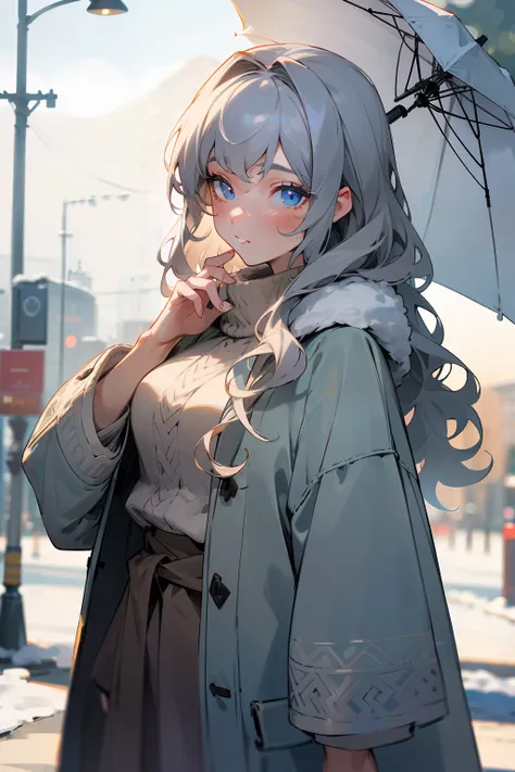 (masterpiece, best quality), intricate details, 8k, sharp focus, (bokeh) (best quality) (detailed skin:1.3) (intricate details) (8k) (detailed eyes) (anime) (perfect face) grey hair, blue eyes, wavy hair, medium hair, beautiful, modern, girl, bright, outdo...