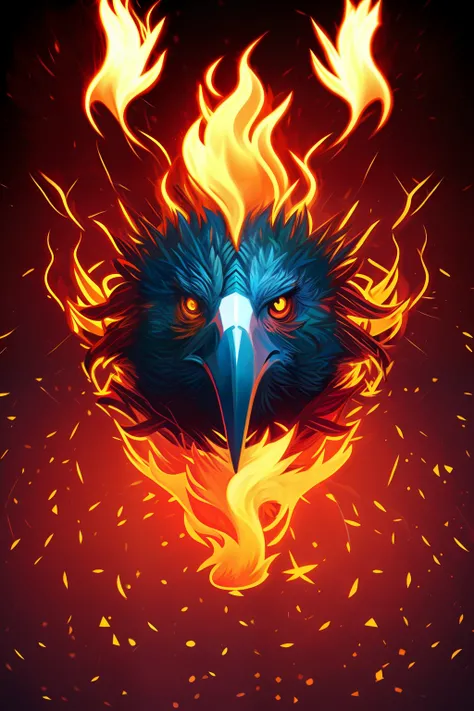Symmetrical eagle human head,There are flames all around