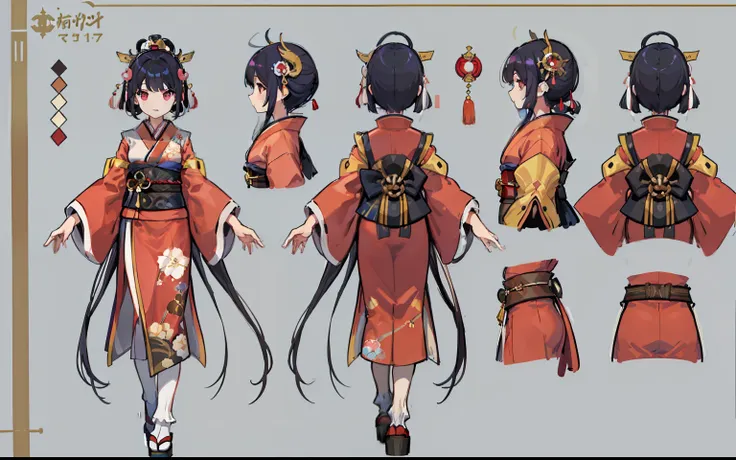 1人, reference sheet, (fantasy character design, front, back, side) girl, kimono, japanese goddess, enmusubi