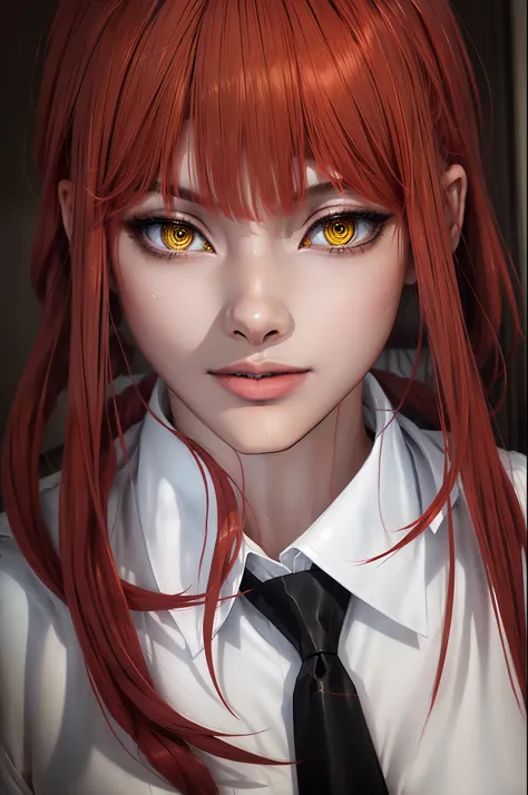 beautiful gorgeous makima woman staring at the viewer, yellow eyes, sharp, red hair, white shirt, black tie, volumetric lightnin...