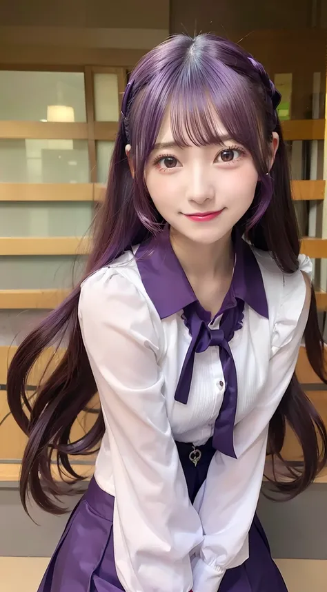 1girl in, senjougahara hitagi, 独奏, juliet sleeves, student clothes, Purple hair, The shirt, Super long hair, Purple skirt, A smile、japanes、a picture、kawaii、Womens Olympians