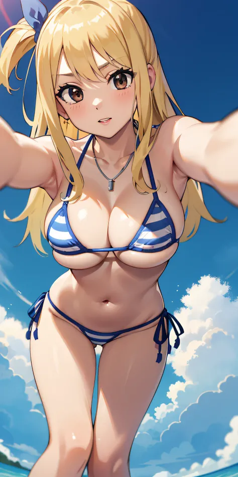 masterpiece, best quality, highres, lucy heartfilia, blonde hair, long hair, large breasts beacnh, striped bikini, micro bikini, necklace, standing, bent over, selfie, underboob, pov, from below