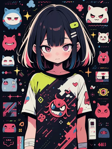 hightquality、neon color palette、high-level image quality、kawaii girl、unprecedented amount of drawing、anime styled、geometric patt...