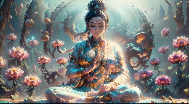 bodhisattva in a white shirt，guanyin bodhisattva，angelicales，above water，sit and meditate in a lotus pose，(raise both arms)，rais...