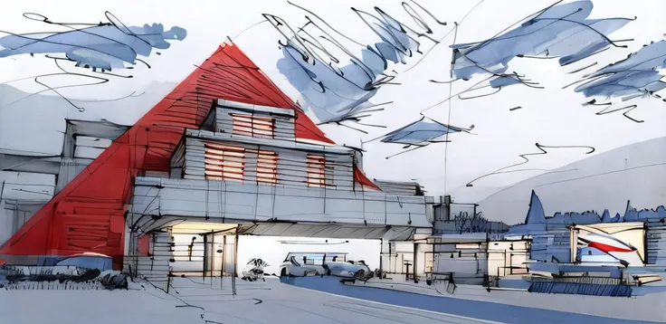 Sketch, Sketch,pen_Sketch_Style,white backgrounid,simplebackground,Architectural sketch style,Allafard building with blue triangle and red carpet, ,detailed detail，beautiful high resolution