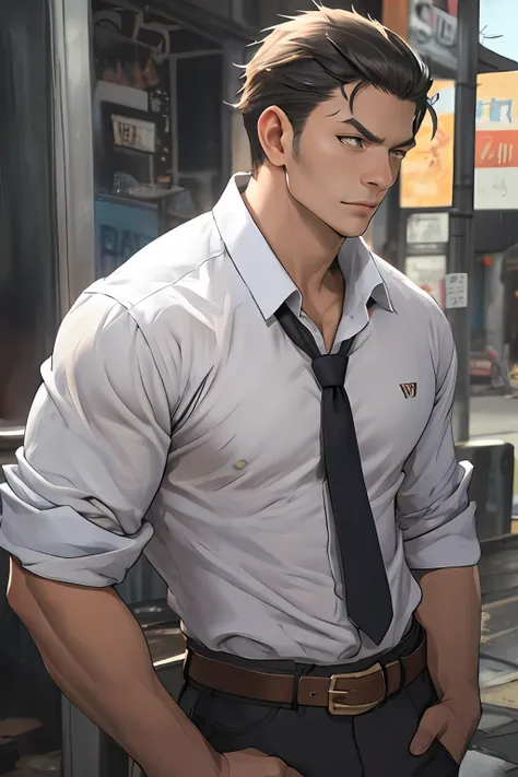 tmasterpiece,best qualityer,illustratio,Realisticstyle,photo realistic style,detail in face,offcial art,Movie lighting,1male people,in a white shirt,Wear a tie,wearing leather belt,are standing,Close-up of the crotch,Crotch view,Drenched,Get wet, Solo ,Han...