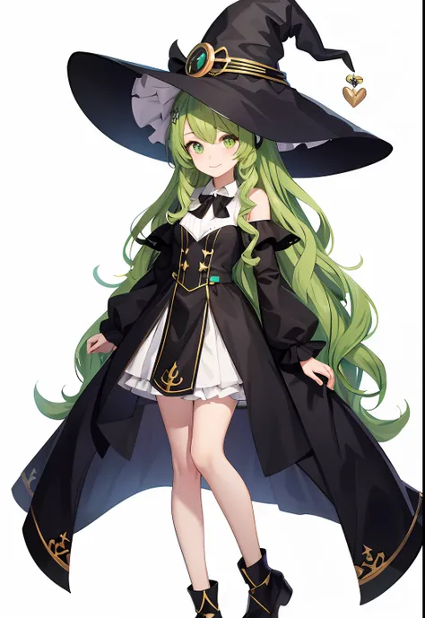 vtubermodel , 1girl , green wavy hair , witch hat , white background , full body