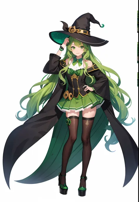 vtubermodel , 1girl , green wavy hair , witch hat , white background , full body