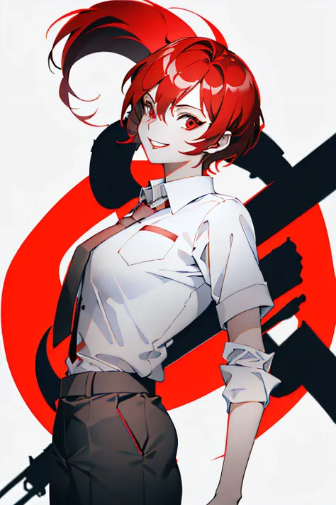 1girl with short red hair, red eyes, red lips and a tomboyish appearance, wearing a white shirt with a black blueish tie, paired...