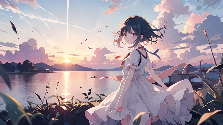 1 girl in、hair blown in the wind、early evening, beautiful sunset, summer evening