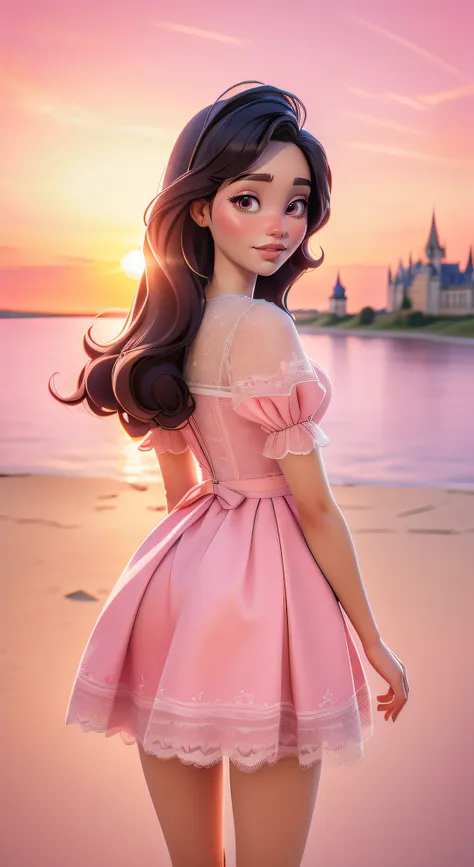 dynamic lighting, 3d model art, a barbie princess wearing a lovely pink dress, ((sunrise)), the background is a grand castle ami...