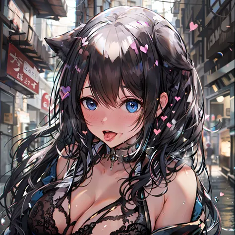 独奏,Close-up shot,Black hair, Canine ears, Beautuful Women, Graceful figure, Tongue out , Tongue stock, hearts in eyes,Love, Delicate skin, Reflectors, 8K, Super detail,Bigboobs,(With a collar),Inside the alley,big breasts exposed cleavage,seductiv,Get wet,...