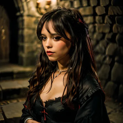 raw photo, a portrait photo of jennao woman, one of dracula's vampire brides, nighttime, inside castle dracula at night, midnigh...