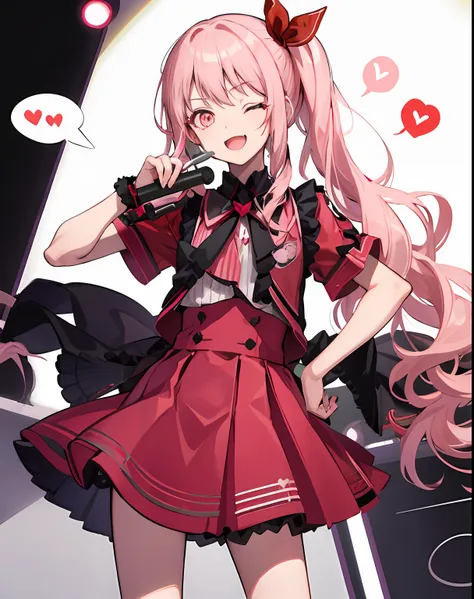 akiyama mizuki, 1other, solo, side ponytail, red_bow, idol clothes, spoken heart, one eye closed, hand on hip, stage lights, sta...