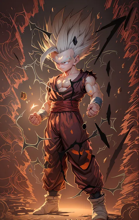 masterpiece, best quality, ultra-detailed, adult gohan 1boy, solo, full body, evil smile, grey hair, spiked hair, red eyes, doug...