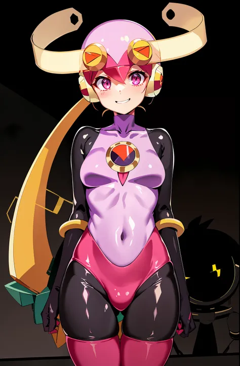 masutepiece,Best Quality,1girl in,roll_.exe_megamanbn,(helmets),Blonde hair,Long hair,Leotard,Pink eyes,Purple bodysuit,body suit,Eyes without light,moderate breast bulge,Thin laughter,Nails with sharp fingertips,Tied to a machine,glowing circuit backgroun...