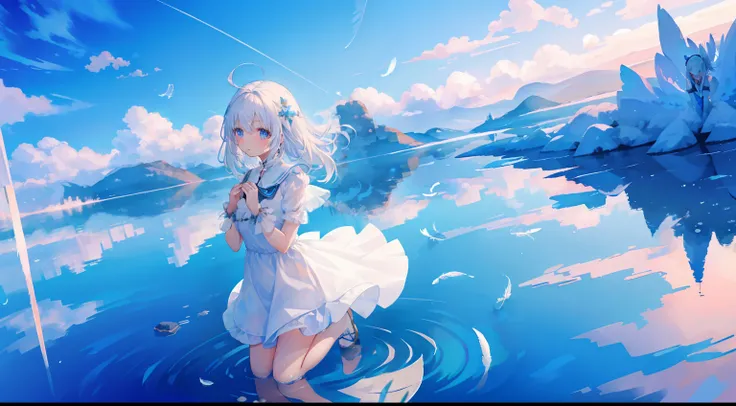 One girl、Salar de Uyuni、Stand kneeling、wish、Shoku、fit hands、Beautiful sky、a lot of feathers、water reflections、Evening glow、ren、cute little、white hair、Fluttering hair、White Dress、shortsleeves、Feathers falling into the water、pluma、Angel wings
