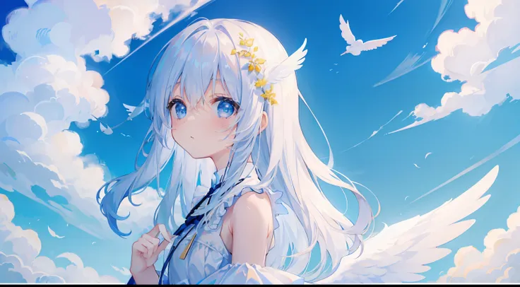 one girl、on clouds、heaven、angelicales、white dress、angel wings、white floor、​​clouds、ren、beautiful blue sky、fluttering hair