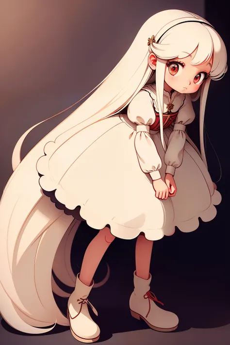 the girl has long white hair, straight hair, red eyes, beige white dress, cute sleepy eyes, hazy knees, leg bending and coquetti...