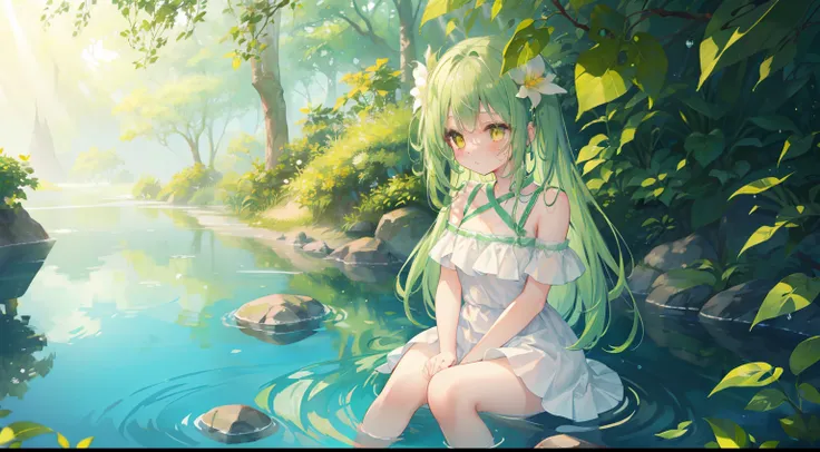 waterface、sit up、seiza、sit on the water、tree shade、leaf shadow、green light、morning light、beautiful reflection、green hair、one gir...