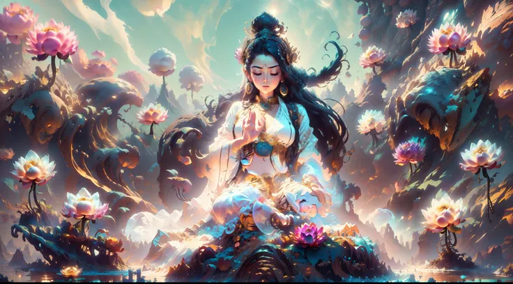 bodhisattva in a white shirt，guanyin bodhisattva，angelicales，sit in a small boat，sit and meditate in a lotus pose，(raise both ar...