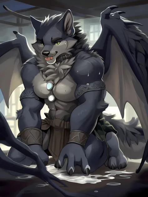 tano， grey fur，a pair of dragon wings，loincloth，milk is sprinkled all over the ground， （komono， bala）， 独奏， male，furry male wolf ...