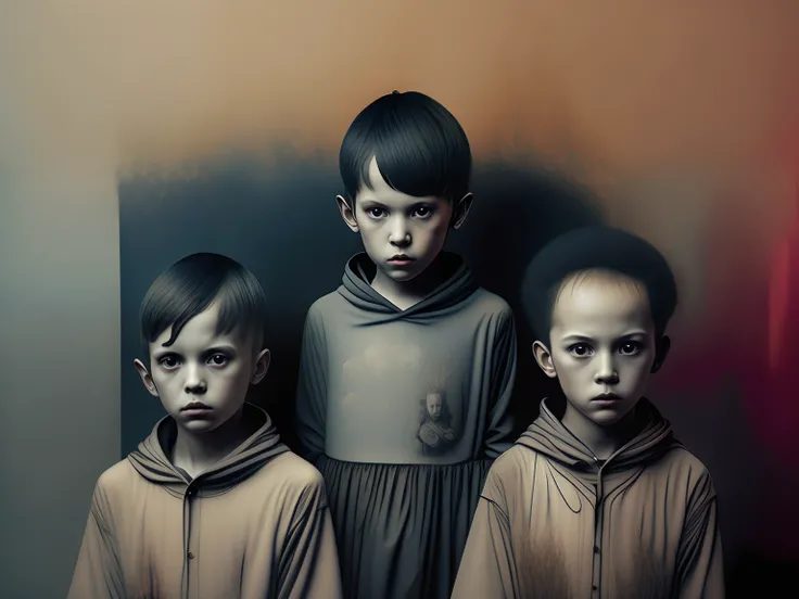 10 children wearing masks made of graffiti、creepy atmosphera、Dark forest background、Burning Shrine、the fire、Graffiti Mask、