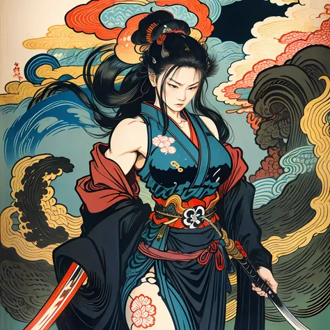 it is a full-body painting with natural colors with katsushika hokusai-style line drawings. the swordswoman is lean and muscular...