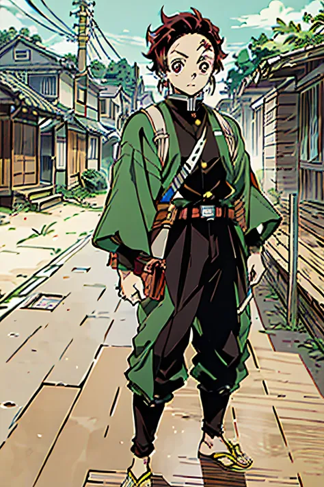 Outrageous resolution、hight resolution、(masterpiece:1.4)、ultra-detailliert、1 juvenile、kimetsu no yaiba style, Kamado Tanjiro, demon slayer uniform, 1boy, Male Focus, arma,Knives , earrings, tusk, Jewelry, Pants, scar on forehead, Brown hair, Belt bag, Bla...