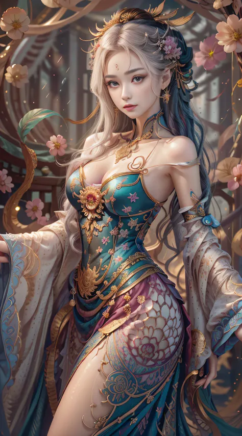 Er Jie, a girl with a smooth and dynamic posture, wearing a loose and flowing pink dress, with a mysterious expression and curly black pink hair, [Zhang Ziyi|Aishwarya Rai], bold and colorful abstract art in a modern and abstract environment, blurred backg...