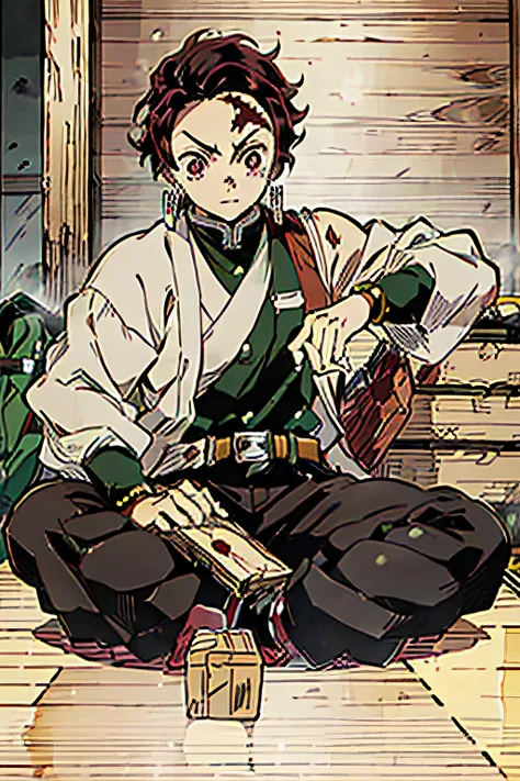 Outrageous resolution、hight resolution、(masterpiece:1.4)、ultra-detailliert、1 juvenile、kimetsu no yaiba style, Kamado Tanjiro, demon slayer uniform, 1boy, Male Focus, arma,Knives , earrings, tusk, Jewelry, Pants, scar on forehead, Brown hair, Belt bag, Bla...