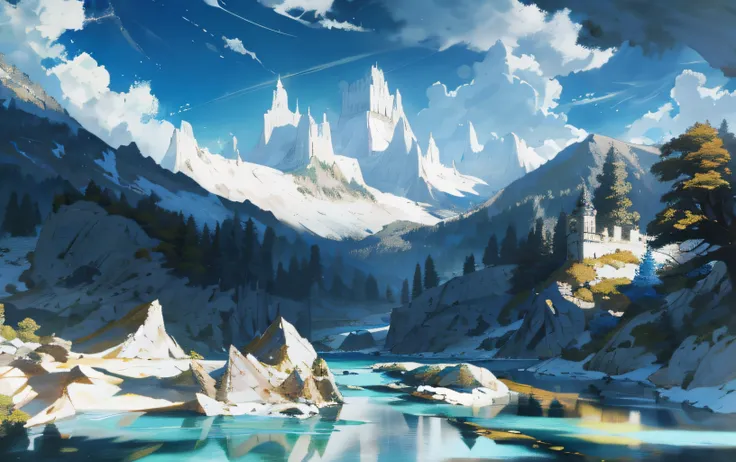 mountains, rivers, palaces, blue skies, white clouds, trees.