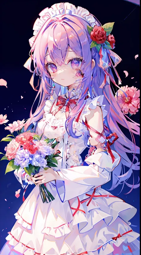 standing picture、full bodyesbian、one girl、colorful mesh hair、red mesh、pink mesh、blue mesh、silber hair、long、flower bouquet、flower...