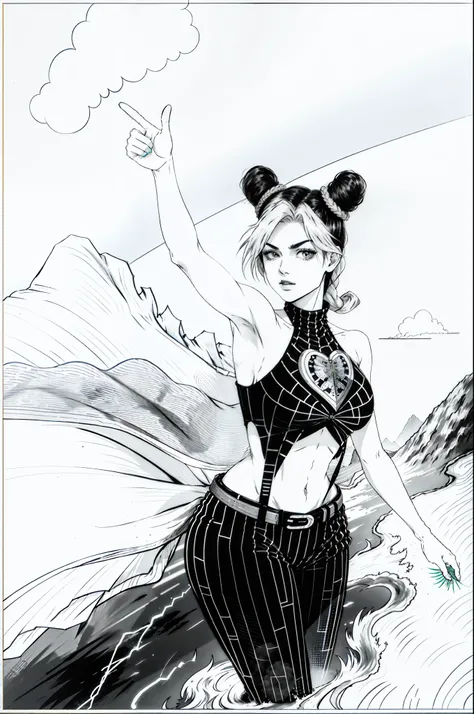 Monochrome line drawings,tmasterpiece, Best quality at best, 1girll, 独奏, der riese, der riese, (((Towering over the landscape)))), (full bodyesbian), 1girll, Joleen Jojo, A half body,Elevation perspective, number art, tmasterpiece, Green and blue hair, cro...