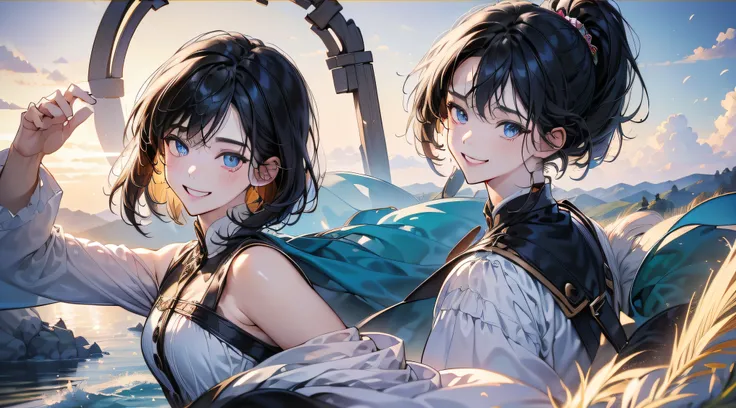 (in 8K、top-quality、masterpiece:1.2)、1人の女性、(Smiling smile:1.1)、beautidful eyes、Valley、The upper part of the body、length hair、Like a boy、poneyTail、Blue View、