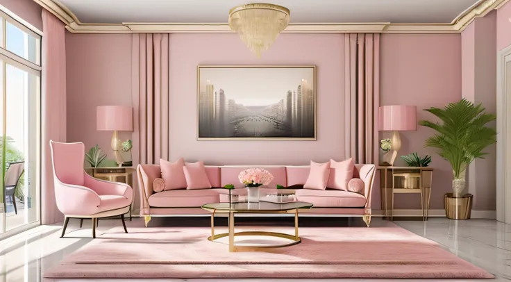 a close up of a living room with a couch and a chair, neoclassical style, beautiful aesthetic design, vray 8k render, (in pink),...