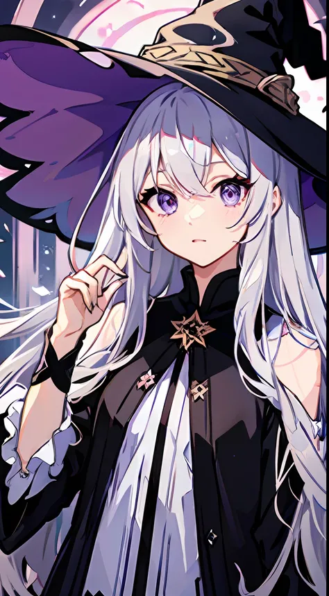 tmasterpiece, Silvery hair, Purple eye, long whitr hair,Witch Hat，A beautiful face，Cute anime face