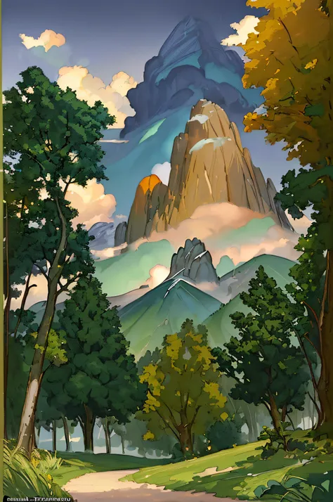 painting by sargent and rhads and leyendecker and greg hildebrandt evening sky, low thunder clouds foothpath with trees at india...