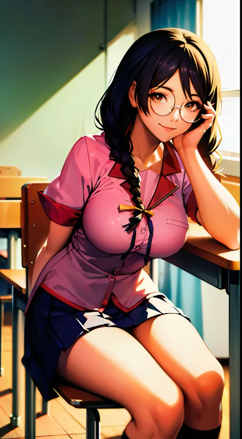 hanekawa tsubasa, ​masterpiece, top-quality, absurderes, 1girl in, looking at the viewers, sitting on, ‎classroom,  student clot...