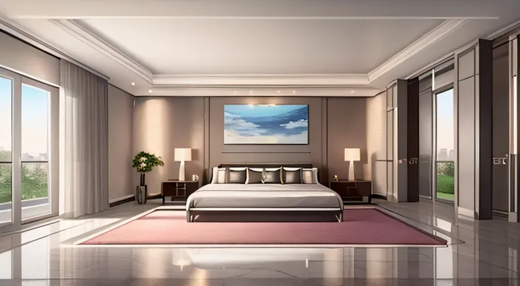 ((best qualtiy,tmasterpiece,8)),There is a TV on the bracket in the bedroom, personal room background, High quality, photorealistic room,, super realistic render vray, living room wall background, high-quality picture, 8k vray render, product introduction ...