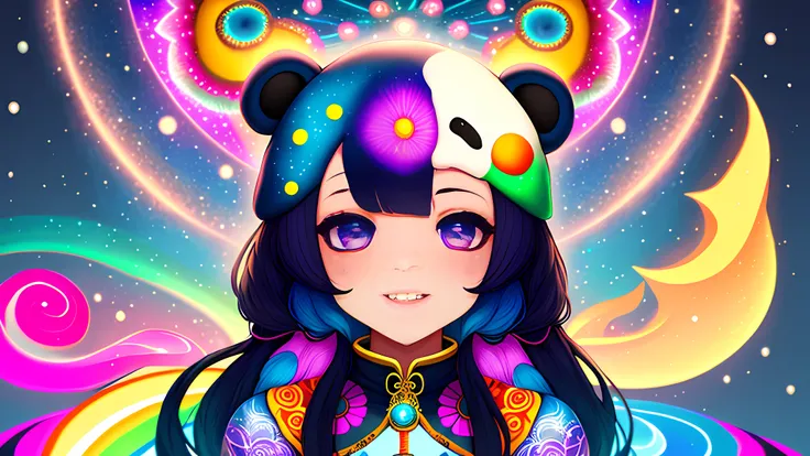 celestial, psychedelic, panda girl, (intricate details:0.9), happy