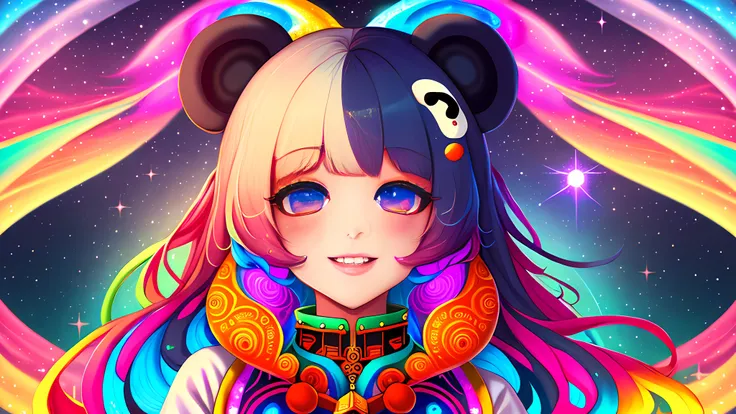 celestial, psychedelic, panda girl, (intricate details:0.9), happy